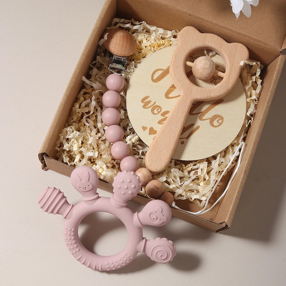 Newborn Baby 4pc Silicone Hand Teether Wooden Bear Rattle Gift Set