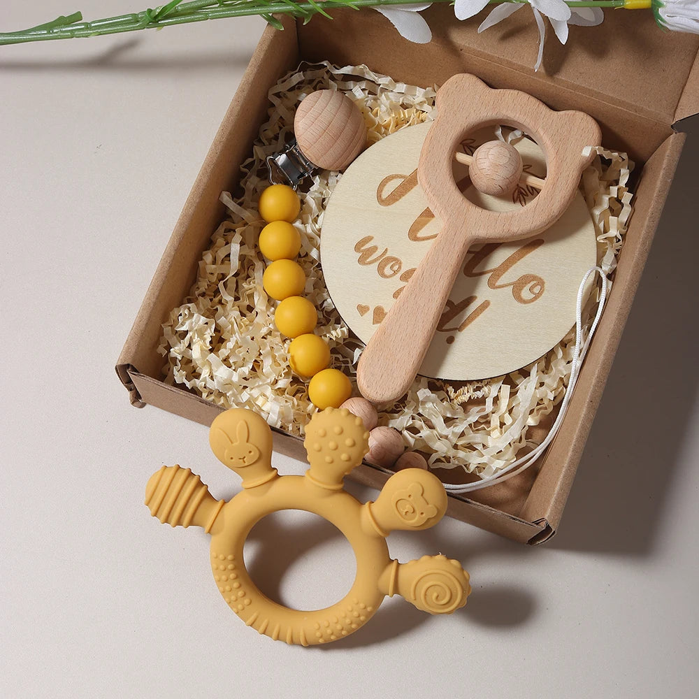 Newborn Baby 4pc Silicone Hand Teether Wooden Bear Rattle Gift Set