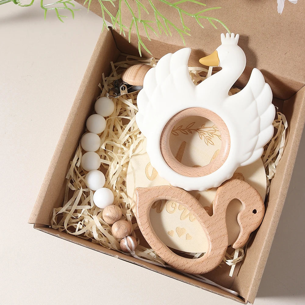 Newborn Baby 4pc Silicone Swan Teether Gift Set