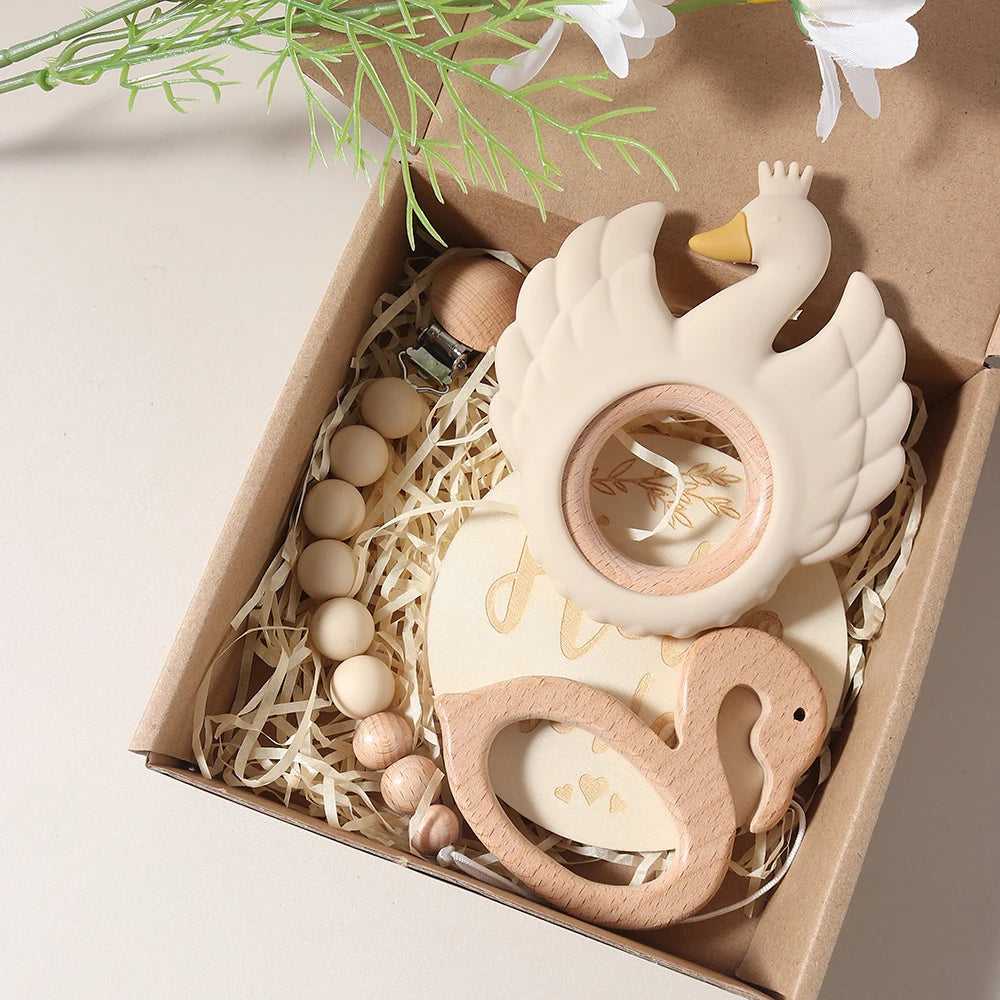 Newborn Baby 4pc Silicone Swan Teether Gift Set