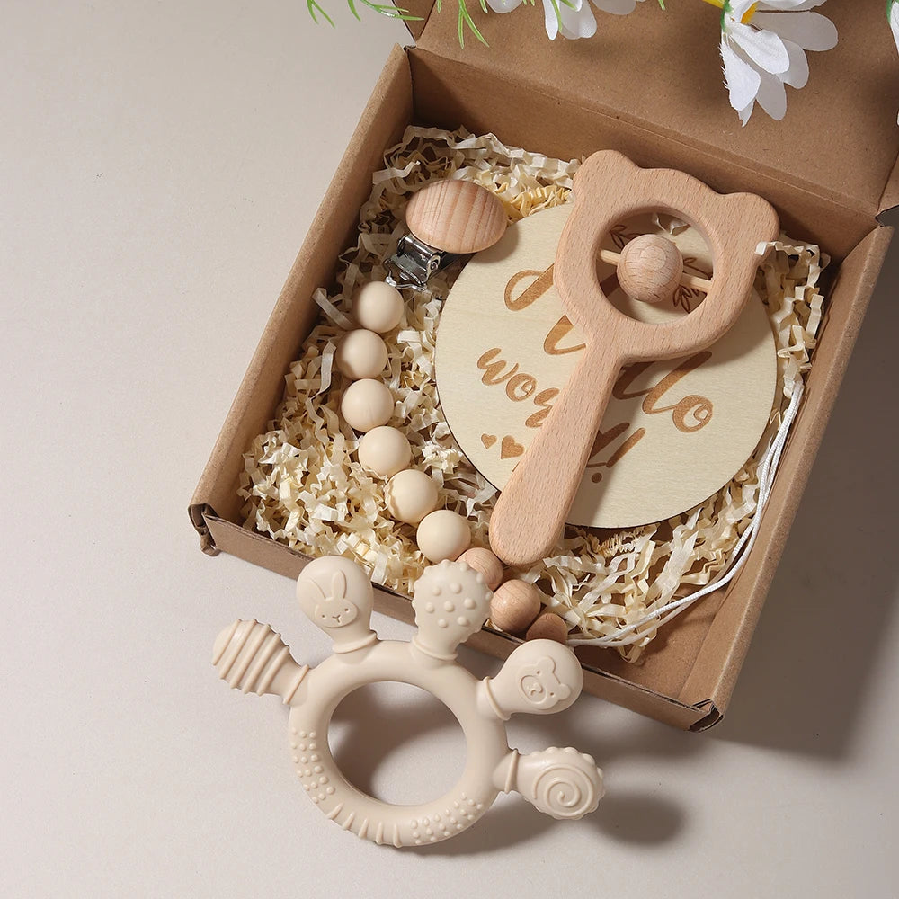 Newborn Baby 4pc Silicone Hand Teether Wooden Bear Rattle Gift Set