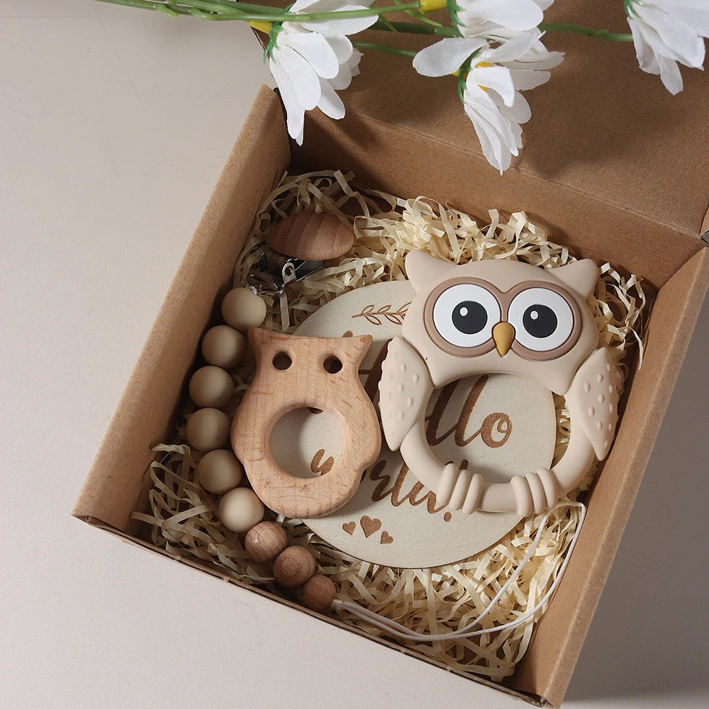 Newborn Baby 4pc Silicone Owl Teether Gift Set