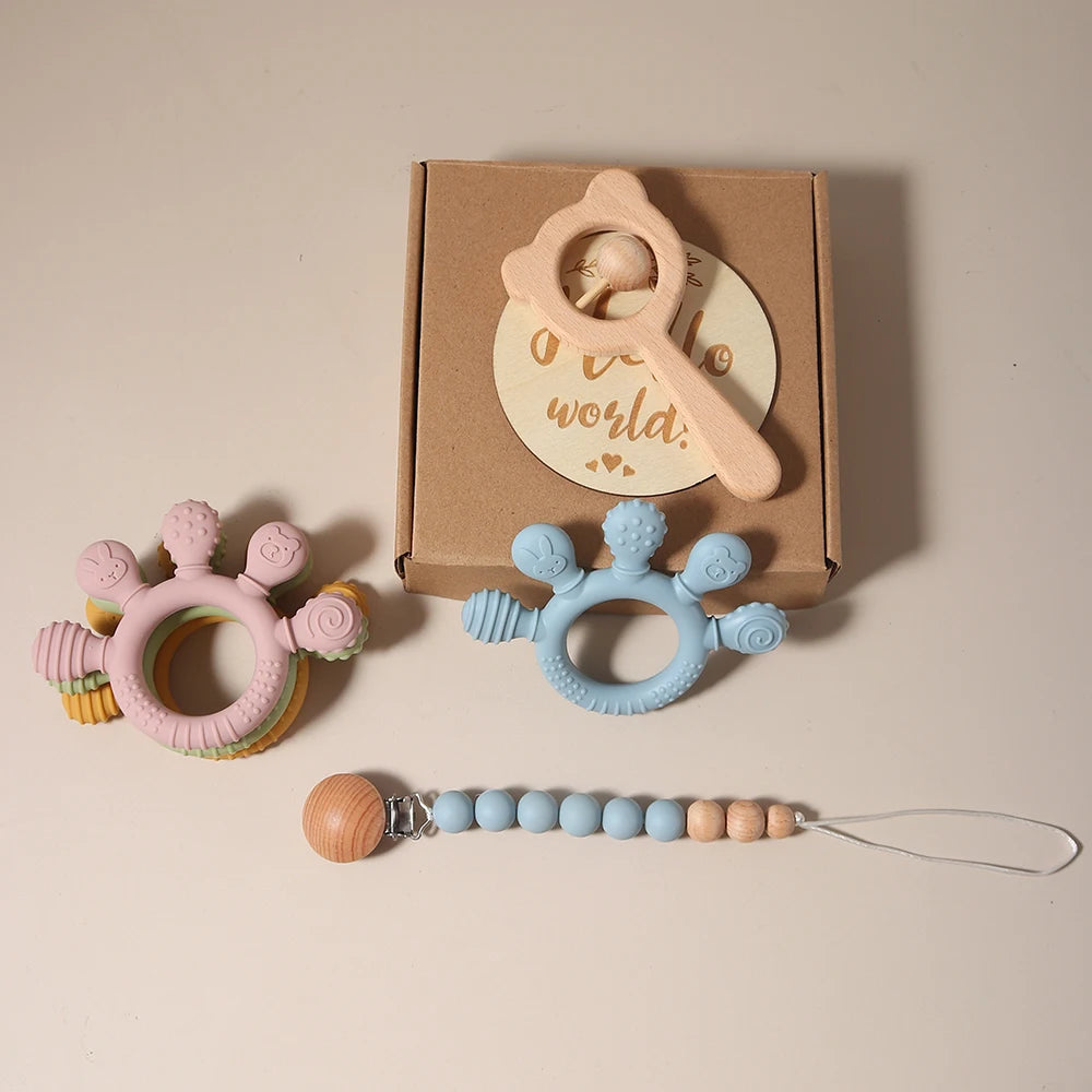 Newborn Baby 4pc Silicone Hand Teether Wooden Bear Rattle Gift Set