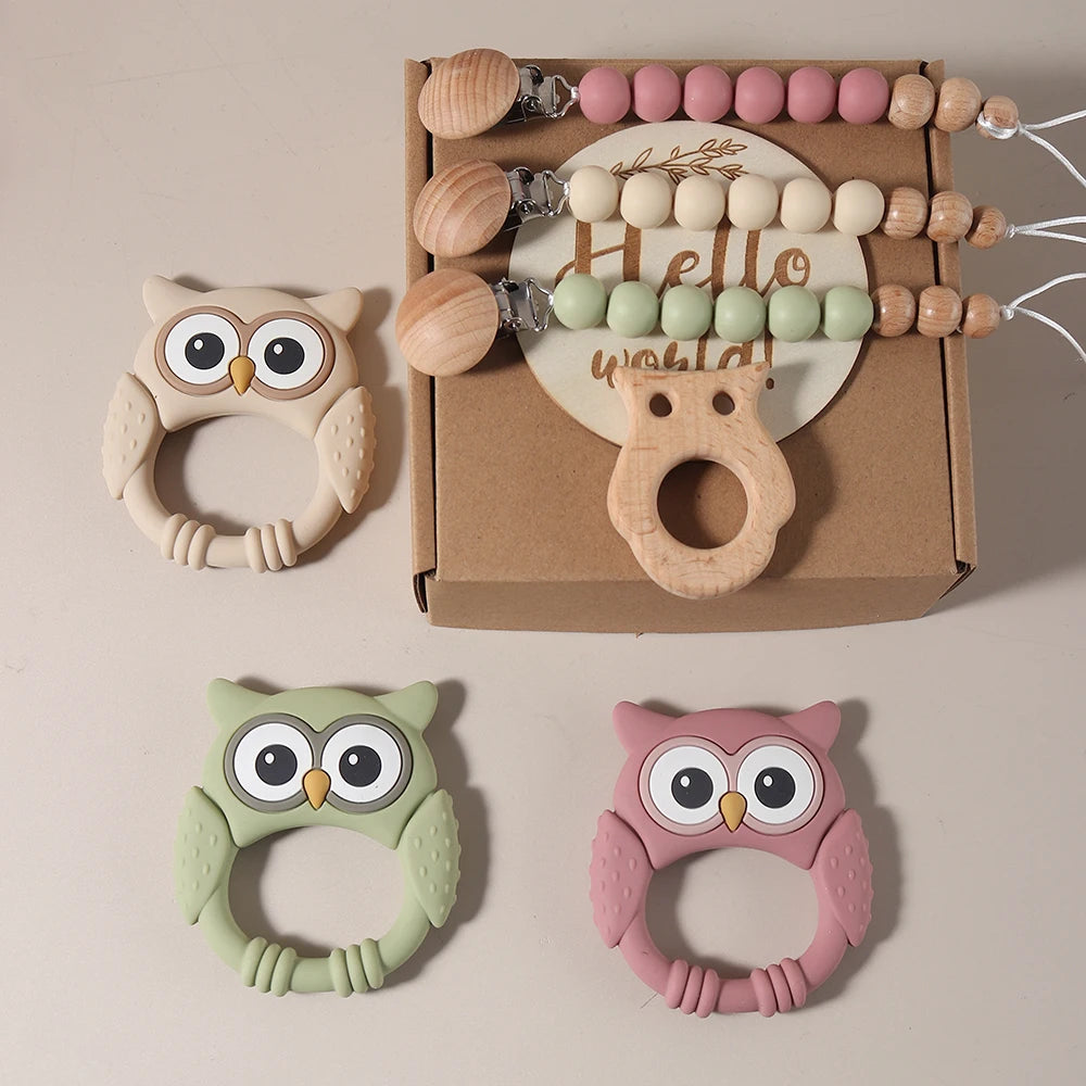 Newborn Baby 4pc Silicone Owl Teether Gift Set