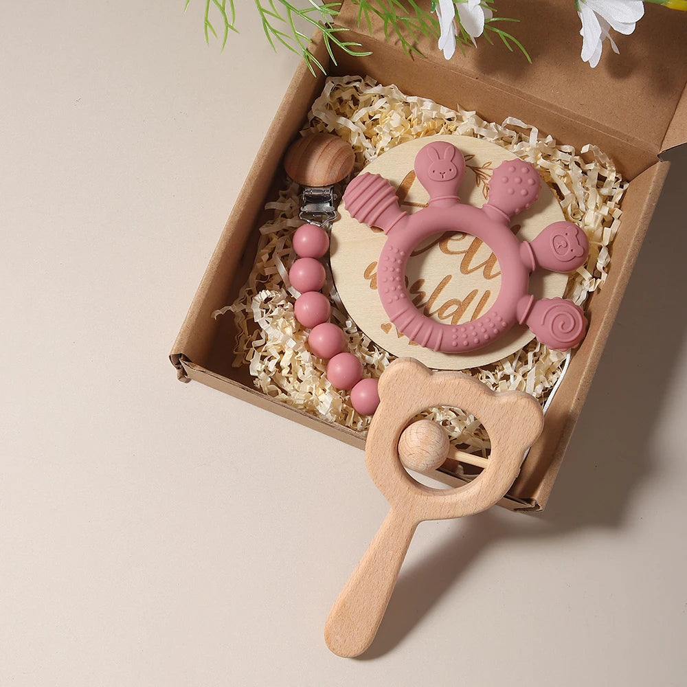 Newborn Baby 4pc Silicone Hand Teether Wooden Bear Rattle Gift Set