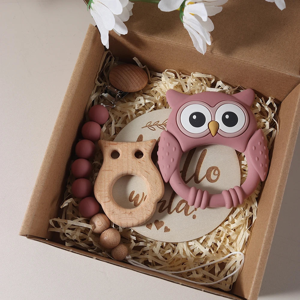 Newborn Baby 4pc Silicone Owl Teether Gift Set