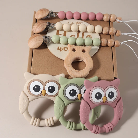 Newborn Baby 4pc Silicone Owl Teether Gift Set
