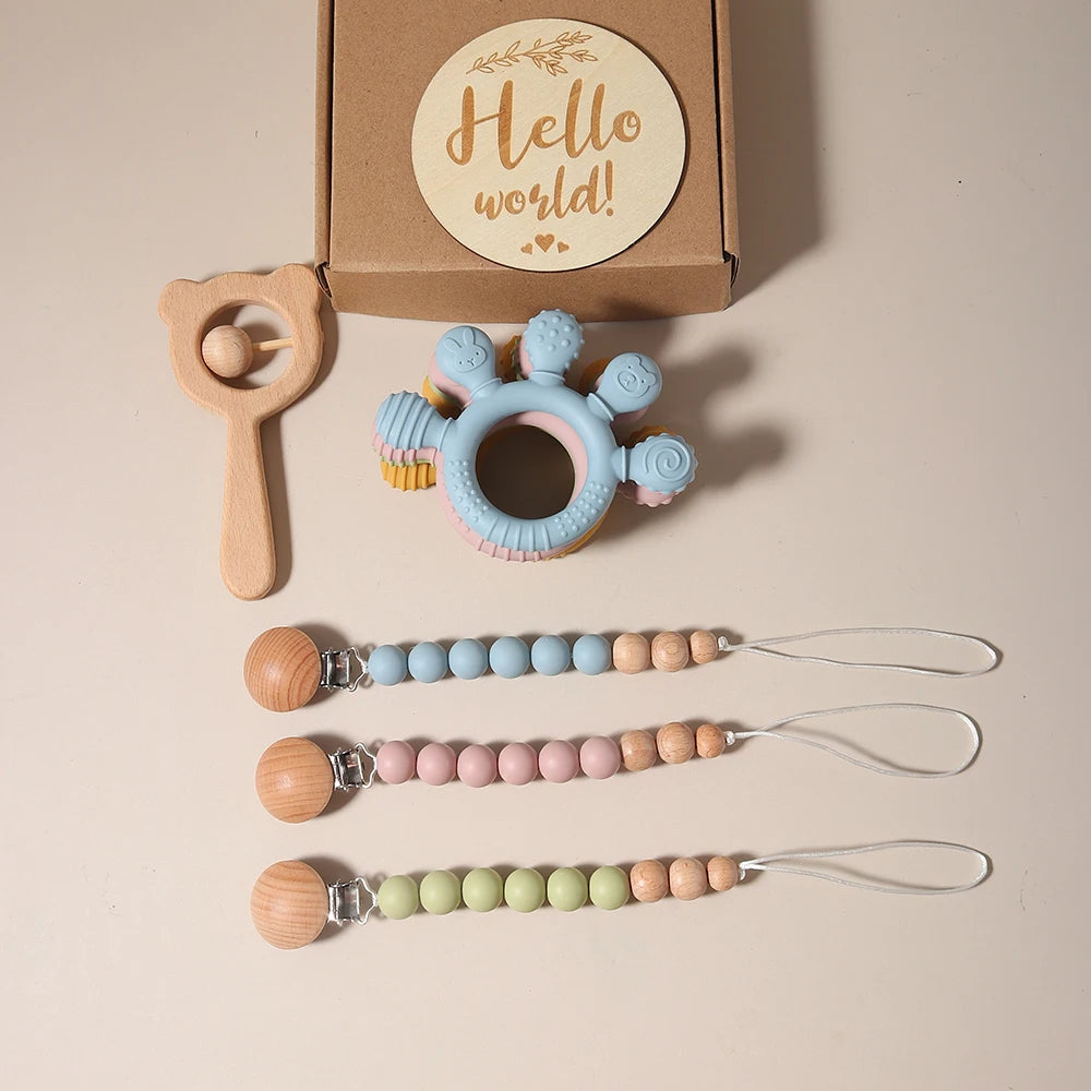 Newborn Baby 4pc Silicone Hand Teether Wooden Bear Rattle Gift Set