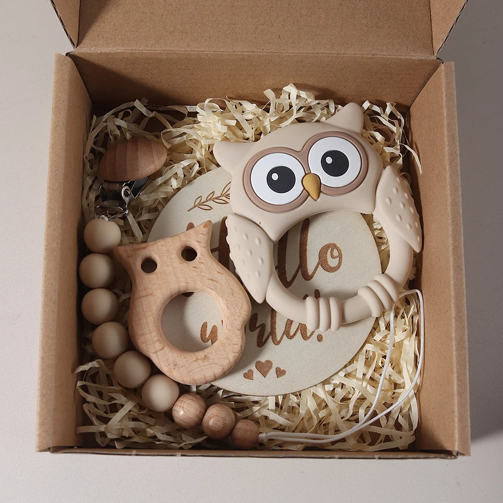 Newborn Baby 4pc Silicone Owl Teether Gift Set