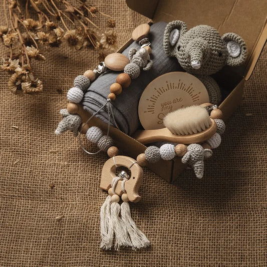 Newborn Baby 7pc Pacifier Chain Cotton Blanket Gift Set