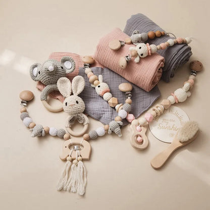 Newborn Baby 7pc Pacifier Chain Cotton Blanket Gift Set