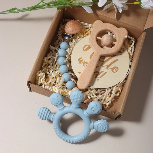 Newborn Baby 4pc Silicone Hand Teether Wooden Bear Rattle Gift Set