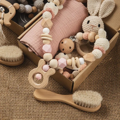 Newborn Baby 7pc Pacifier Chain Cotton Blanket Gift Set