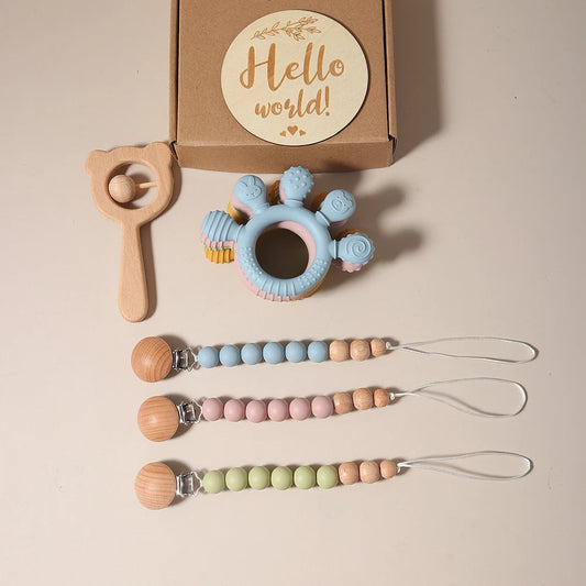 Newborn Baby 4pc Silicone Hand Teether Wooden Bear Rattle Gift Set