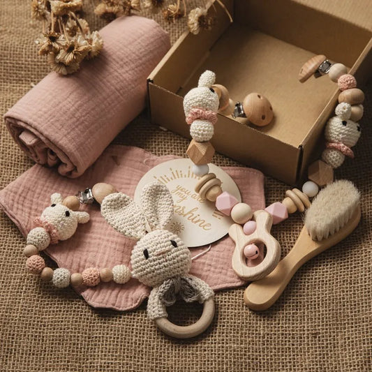 Newborn Baby 7pc Pacifier Chain Cotton Blanket Gift Set